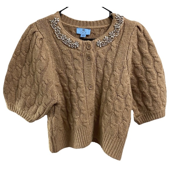 Cece Womens Crop Caramel/Tan 3/4 Sleeve Dressy Cardigan Sweater Rhinestones Sz.L